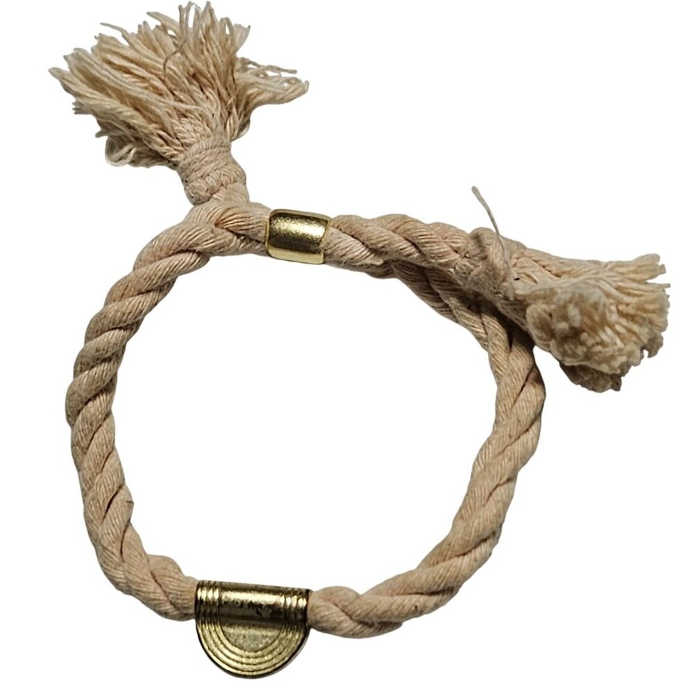 Handmade Boho Beige Rope Bracelet Gold Tone Accents Tassels Fashion Jewelry